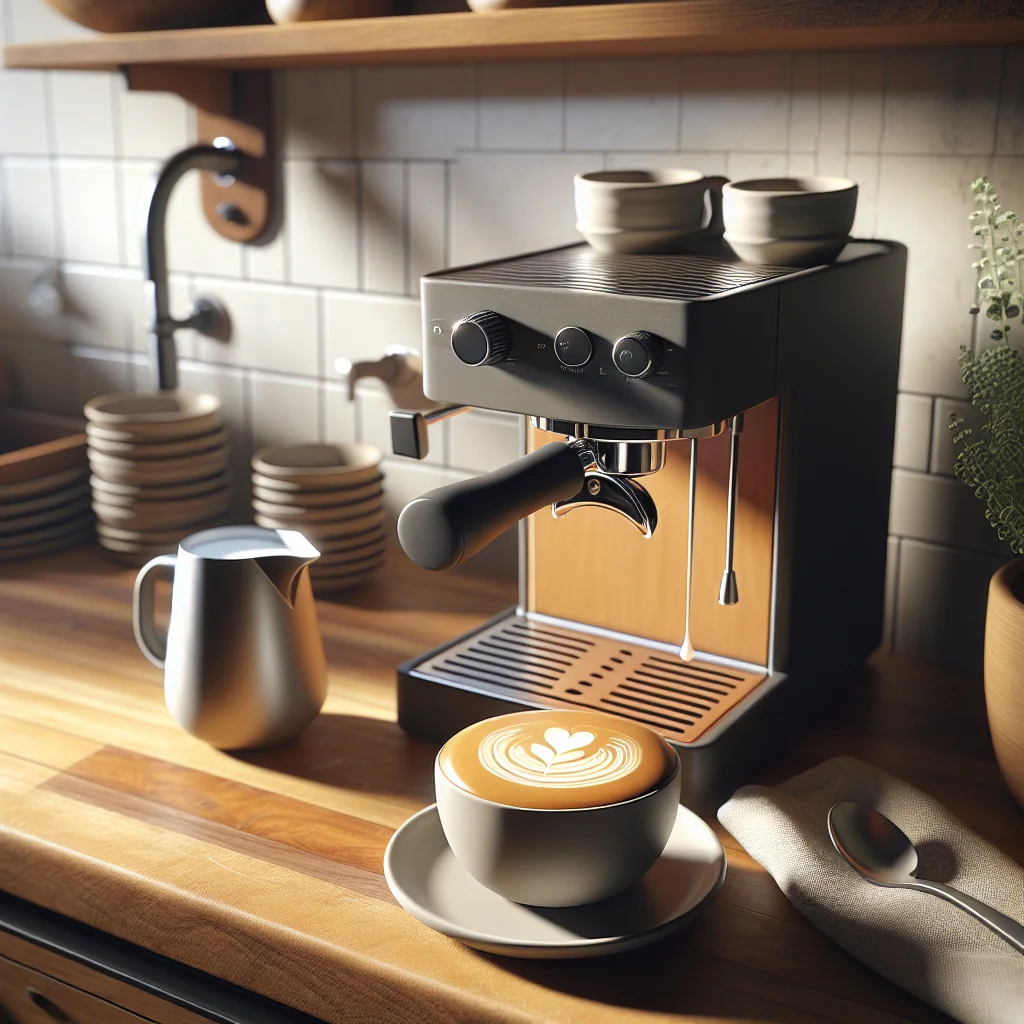 A cosy home kitchen counter with a modest espresso machine, a small milk pitcher, and a freshly poured latte with a simp