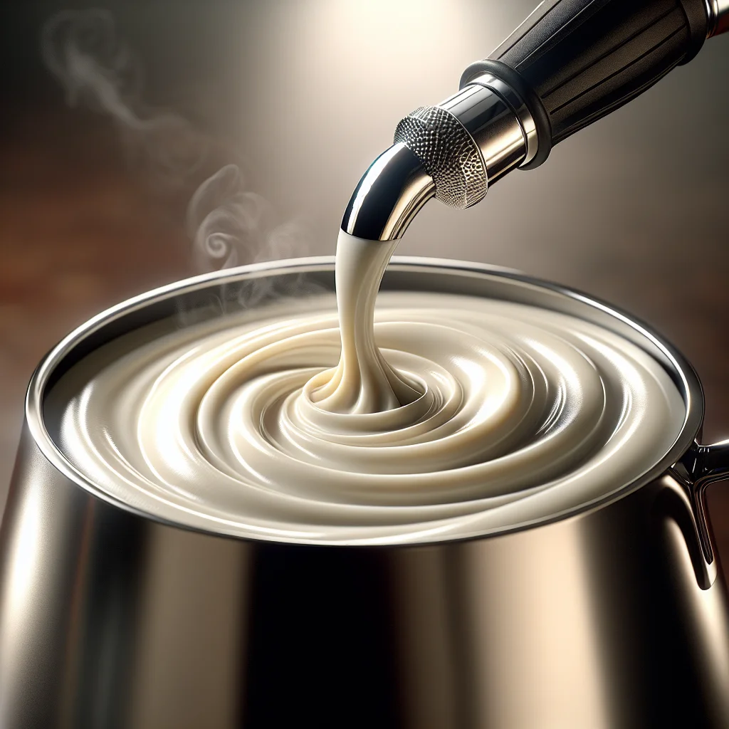 Close-up of a traditional single-hole steam wand tip steaming milk in a stainless steel pitcher