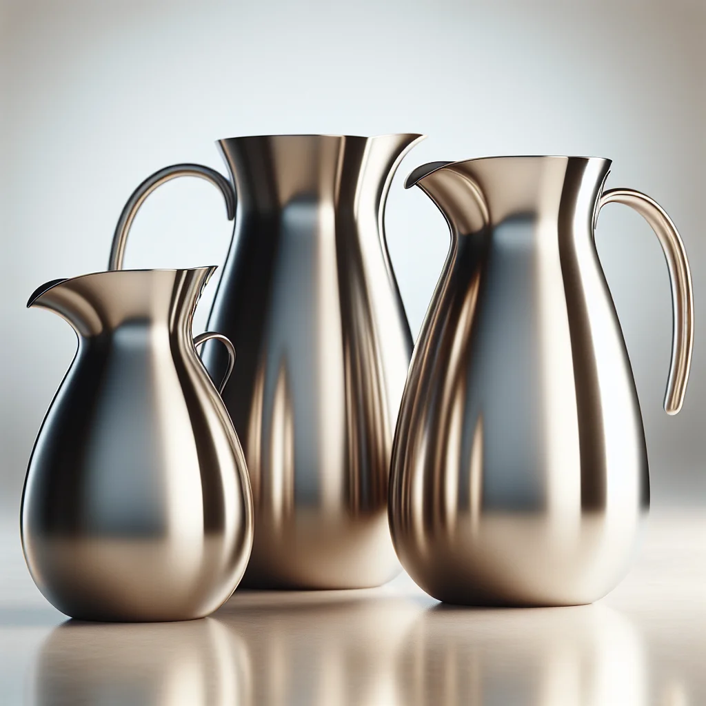 Side-by-side comparison of three milk pitchers showing classic round, sharp, and tulip-shaped spout profiles