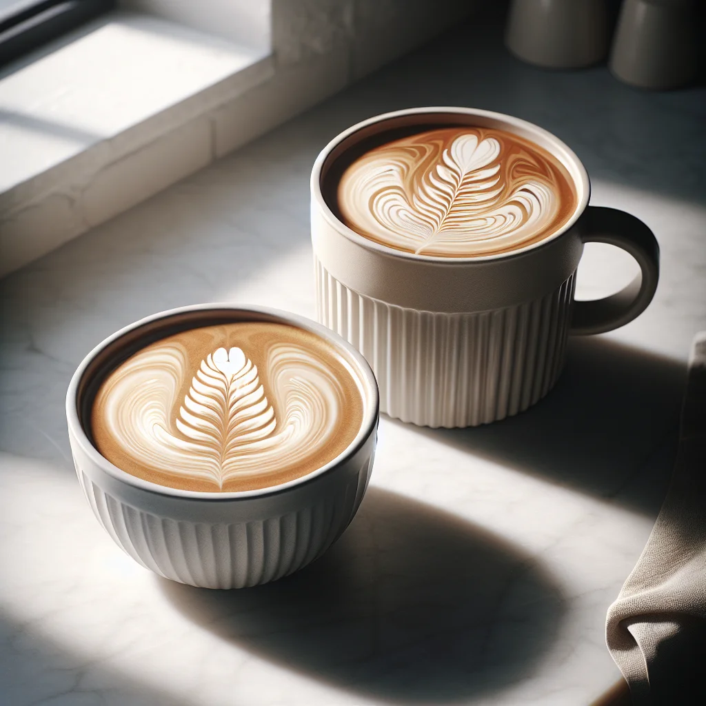 Side-by-side comparison of a wide-brimmed latte cup and a tall narrow mug, both filled with lattes — the wide cup showin