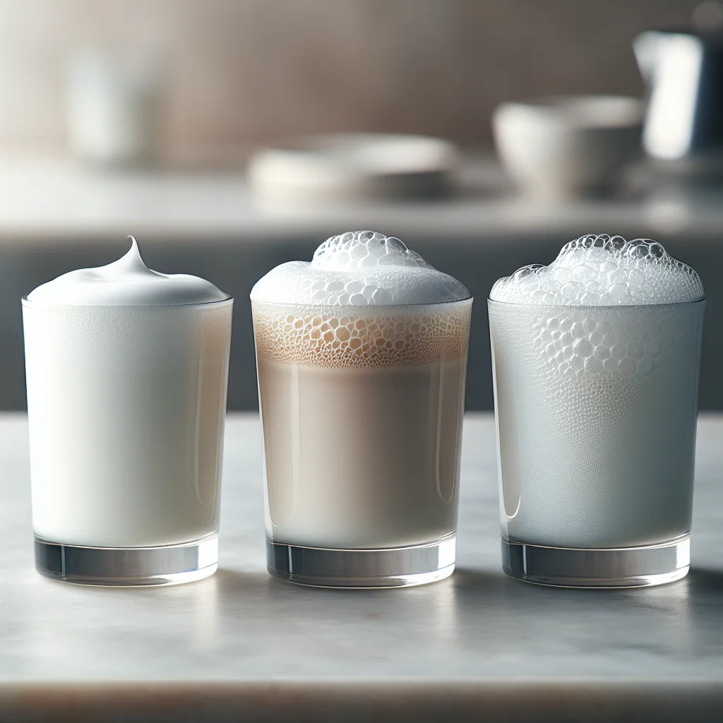 Side-by-side comparison of steamed whole milk, 2% milk, and skim milk in clear glasses showing foam texture differences