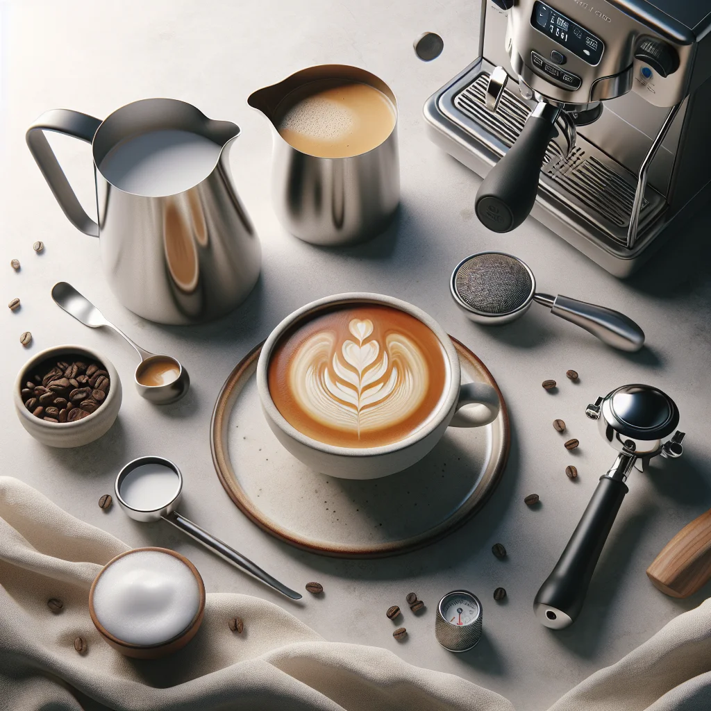 Overhead flat-lay of a home latte art setup — espresso machine, stainless steel pitcher, ceramic latte cup, and a freshl
