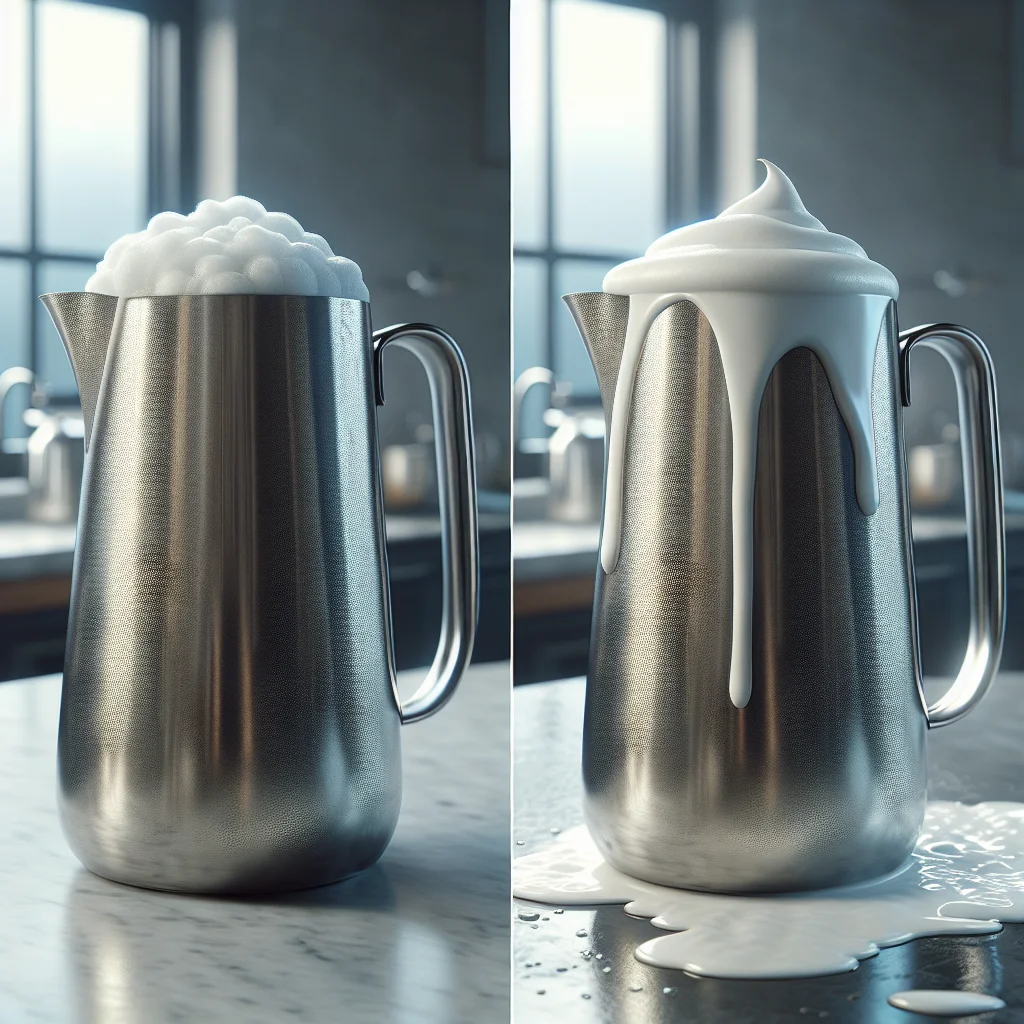 Side-by-side comparison of a pitcher of poorly steamed milk with large visible bubbles next to a pitcher of glossy, pain