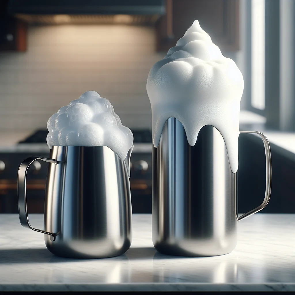 Side-by-side comparison of bubbly, overaerated milk foam versus smooth, glossy microfoam in a stainless steel pitcher