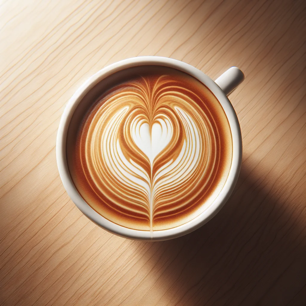 Close-up of a latte in a white cup showing clear contrast between espresso crema and bright white microfoam in a simple
