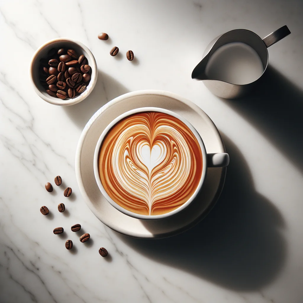 Overhead shot of a finished latte heart pattern in a white ceramic cup